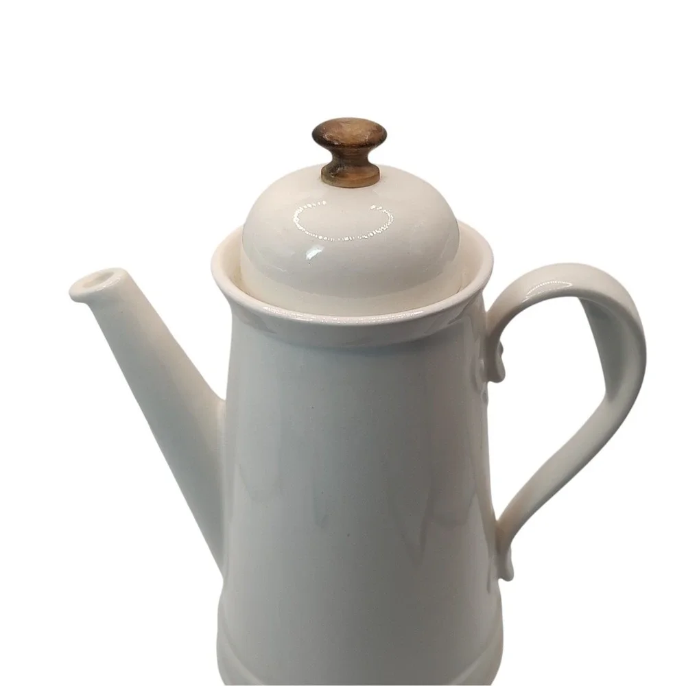 Vintage Stoneware Coffee Pot with Lid White Wooden Knob on Lid Ten Inch Six Cups